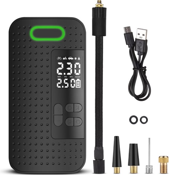 Luchtcompressor 4000 mAh – Elektrische fietspomp met Digitale Drukmeter - Oplaadbaar & Draadloos - Auto-Stop & LED Verlichting – Bandenpomp Voor Auto, Motor & Ballen - Ballenpomp - Inclusief Opzetstukken en Reistas - Zwart