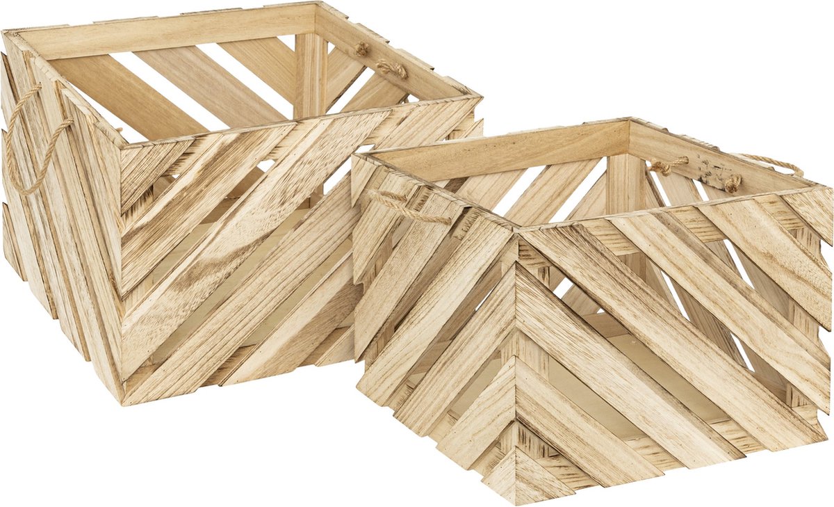 Atmosphera Houten Opbergkratten - Set van 2 stuks - 30/37cm - Beige