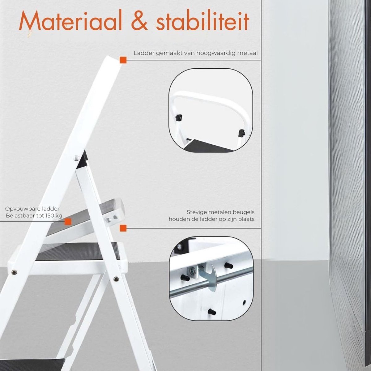 Huishoudtrap 4 Treden - Keukentrapje Basic Inklapbaar Met Handgreep – Keukentrap Anti-slip – Trapladder - Opstapje – Vouwladder Belastbaar tot 150 kg – Ladders – Keukentrap - Wit – foto 2