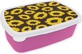 Broodtrommel Roze - Lunchbox - Brooddoos - Patronen - Zonnebloemen - Geel - 18x12x6 cm - Kinderen - Meisje