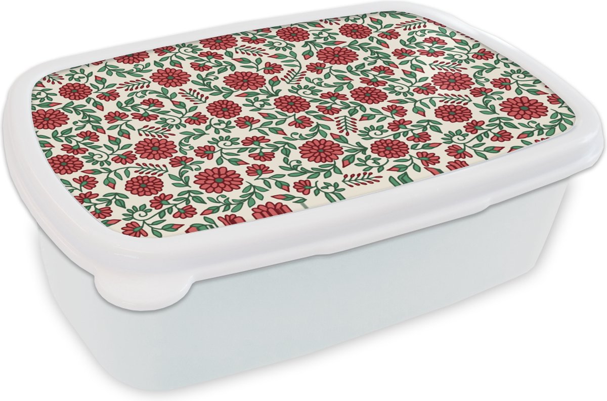Broodtrommel Wit - Lunchbox - Brooddoos - Bloem - Planten - Boho - Design. - 18x12x6 cm - Volwassenen