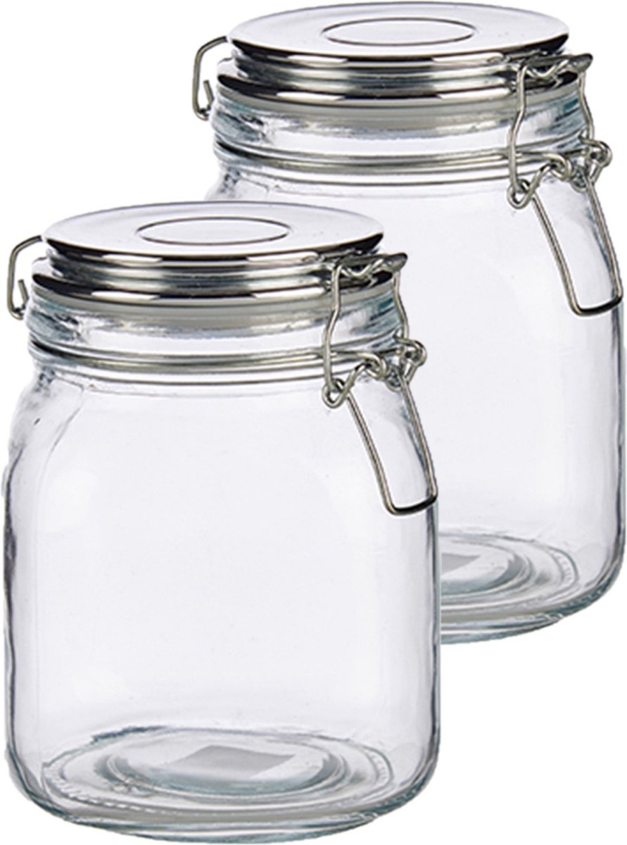 Set van 2x stuks glazen luxe keuken voorraadpotten/voorraadbussen 1000 ml- Voorraadbussen luchtdichte klepdeksel zilver - 11 x 15 cm