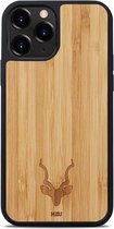 Kudu iPhone 13 Pro hoesje case - Houten backcover - Geschikt voor opladen met magnetische ring - Handgemaakt en afgewerkt met duurzaam TPU - Bamboe - Zwart