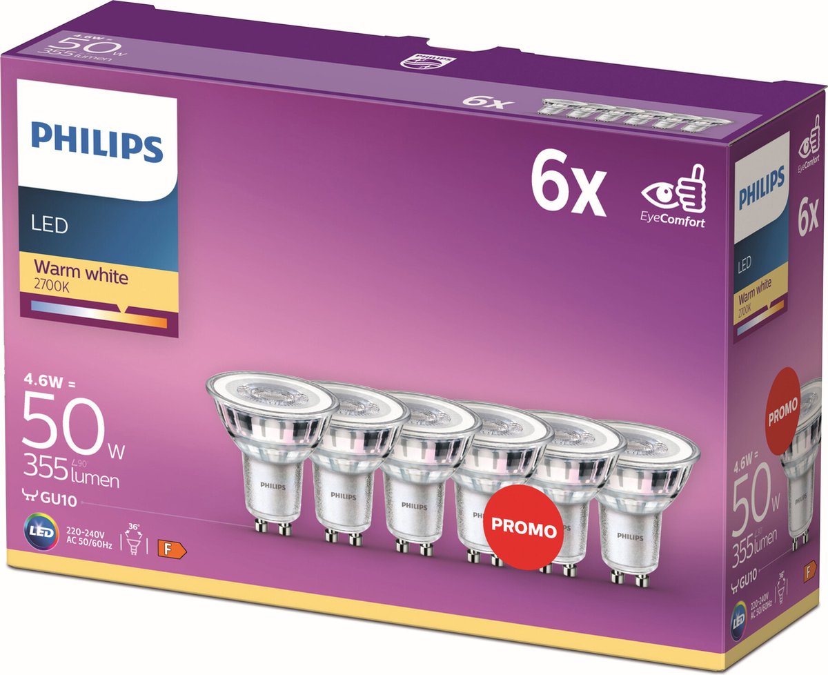 Ale heilig Kietelen Philips energiezuinige LED Spot - 50 W - GU10 - warmwit licht - 6 stuks |  bol.com