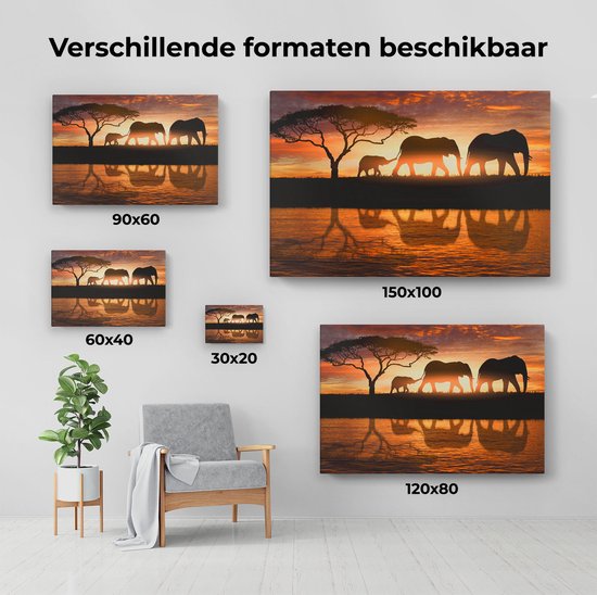 Artaza - Peinture sur toile - Famille d'éléphants dans la savane au coucher du soleil - 120x80 - Groot - Photo sur toile - Impression sur toile