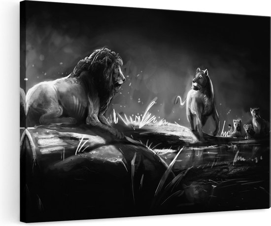 Artaza Canvas Schilderij Leeuwen Familie in het Wild - Getekend - Zwart Wit - 120x80 - Groot - Foto Op Canvas - Wanddecoratie
