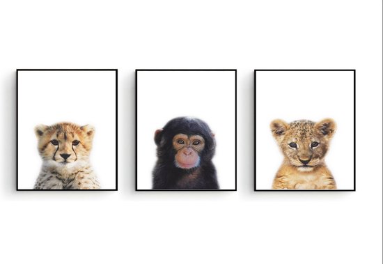Postercity - Design Canvas Poster Jungle Set Baby Aapje, Cheeta en Tijger / Kinderkamer / Dieren Poster / Babykamer - Kinderposter / Babyshower Cadeau / Muurdecoratie / 30 x 21cm / A4