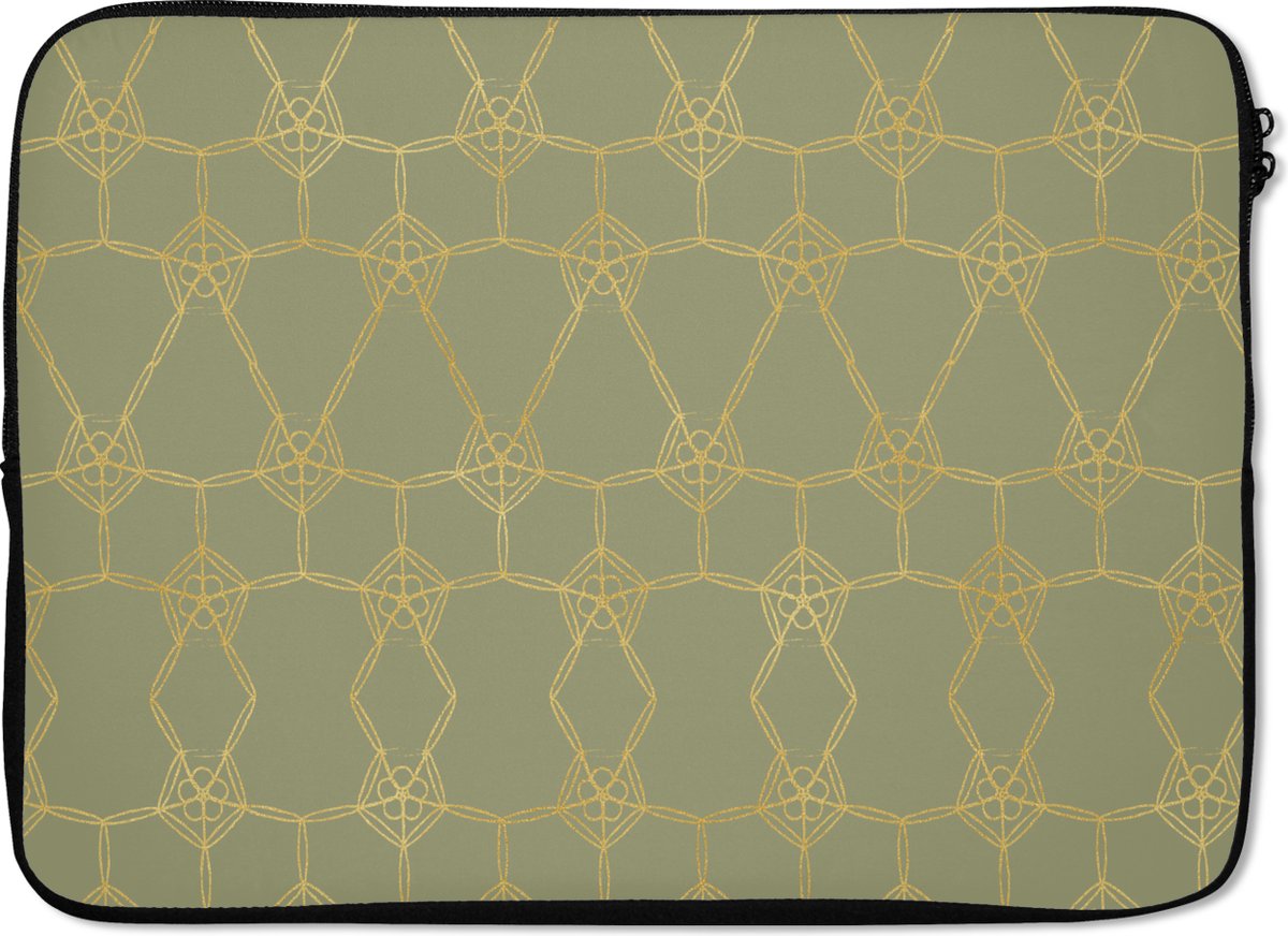 Laptophoes 14 inch - Patronen - Groen - Goud - Lijn - Laptop sleeve - Binnenmaat 33x23 cm - Zwarte achterkant