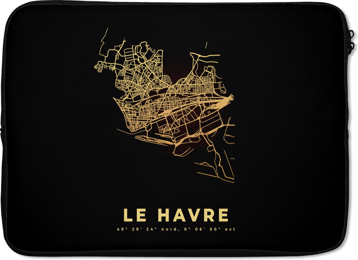 Laptophoes 14 inch - Frankrijk – Kaart - Stadskaart – Plattegrond – Le Havre - Laptop sleeve - Binnenmaat 33x23 cm - Zwarte achterkant - Stadskaart