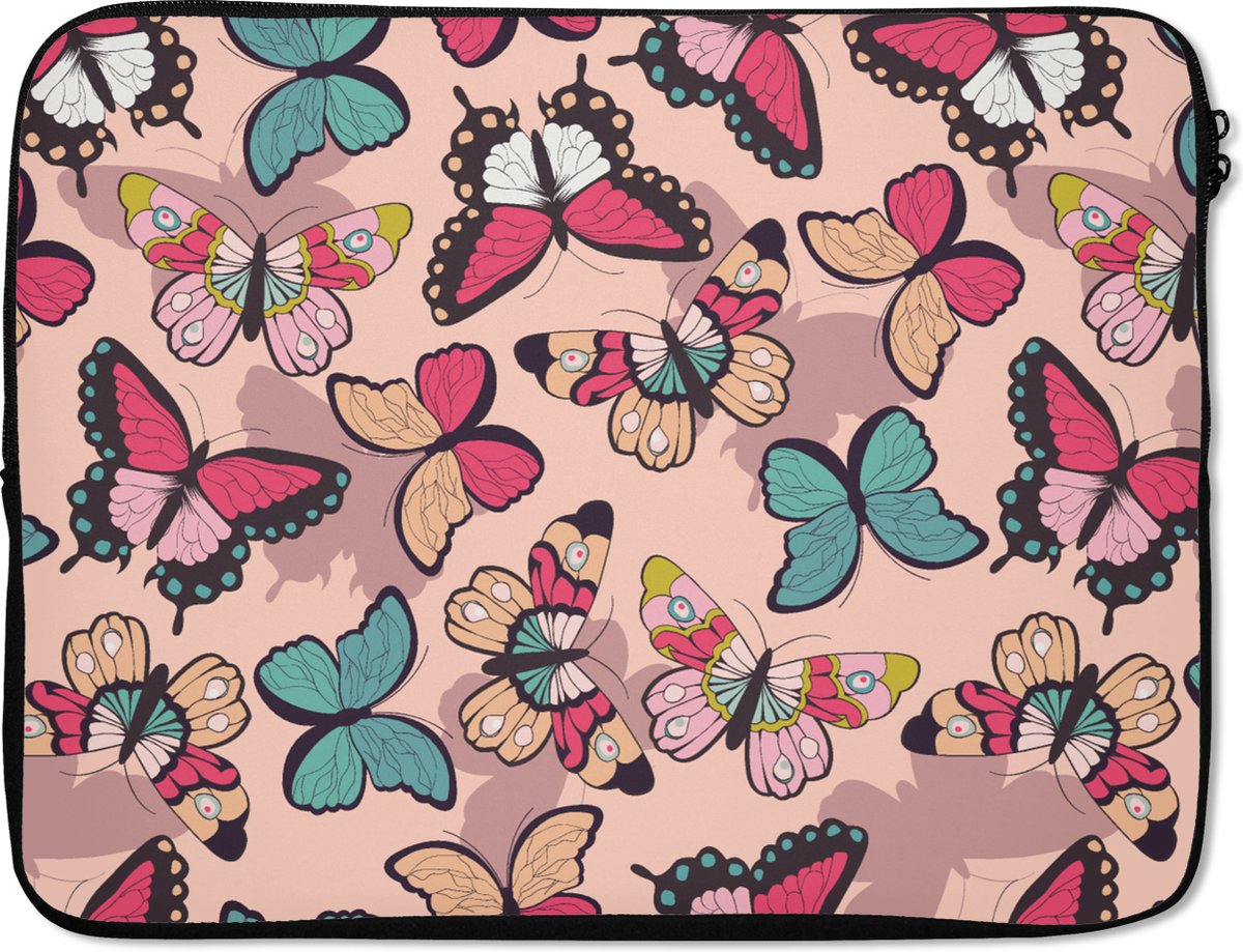 Laptophoes 15.6 inch - Vlinder - Roze - Blauw - Design - Laptop sleeve - Binnenmaat 37x26 cm - Zwarte achterkant