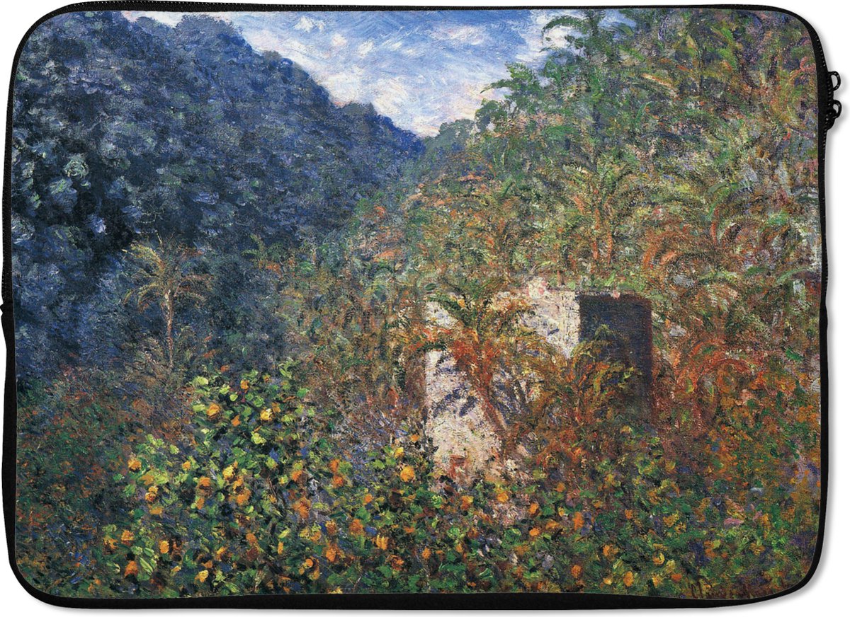 Laptophoes 14 inch - De vallei van Sasso - Schilderij van Claude Monet - Laptop sleeve - Binnenmaat 33x23 cm - Zwarte achterkant