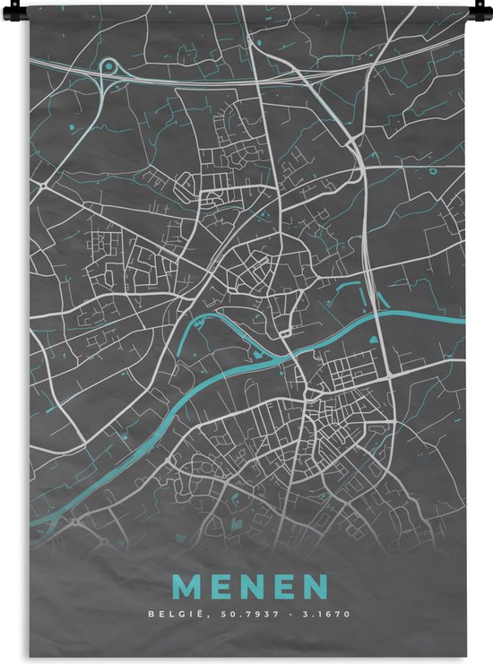 Wandkleed - Wanddoek - België – Menen – Stadskaart – Kaart – Blauw – Plattegrond - 60x90 cm - Wandtapijt