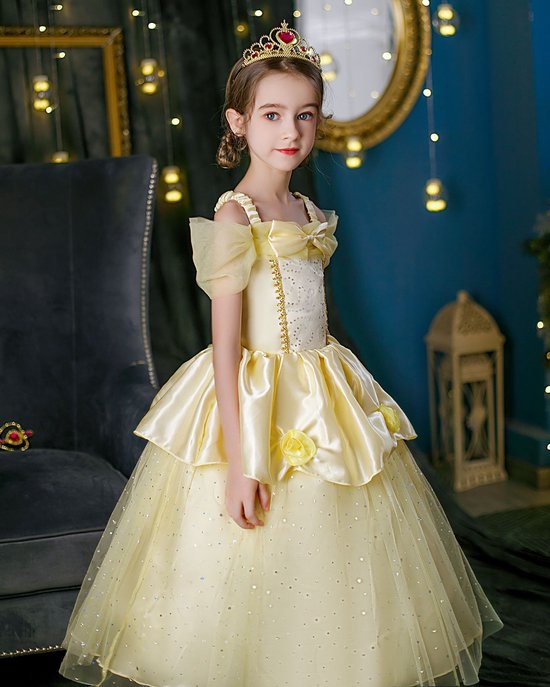 Robe Joya Beauty® Belle Dress Up | Princesse Robe | Déguisements La Belle et la Bête | Taille 116-122 (120) + couronne, bâton, Gants, collier, Ring et boucles d' Boucles d'oreilles GRATUITS