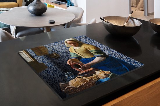 KitchenYeah® Inductie beschermer 60x52 cm - Melkmeisje - Delfts Blauw - Vermeer - Schilderij - Oude meesters - Kookplaataccessoires - Afdekplaat voor kookplaat - Inductiebeschermer - Inductiemat - Inductieplaat mat
