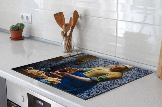 KitchenYeah® Inductie beschermer 60x52 cm - Melkmeisje - Delfts Blauw - Vermeer - Schilderij - Oude meesters - Kookplaataccessoires - Afdekplaat voor kookplaat - Inductiebeschermer - Inductiemat - Inductieplaat mat