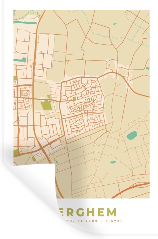 Muurstickers - Sticker Folie - Stadskaart - Nederland - Kaart - Plattegrond - Berghem - 20x30 cm - Plakfolie - Muurstickers Kinderkamer - Zelfklevend Behang - Zelfklevend behangpapier - Stickerfolie