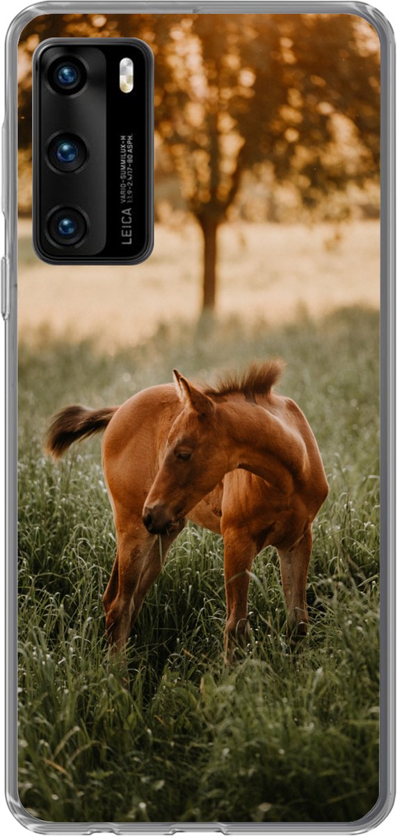 Telefoonhoesje Geschikt voor Huawei P40 hoesje - Paard - Gras - Boom - Siliconen Telefoonhoesje Telefoonhoesje