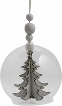 kerstbal met kerstboom 8 cm hout wit/zilver