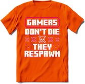 Gamers don't die pixel T-shirt | Roze | Gaming kleding | Grappig game verjaardag cadeau shirt Heren – Dames – Unisex | - Oranje - L