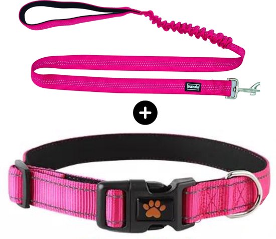 Halsband hond - reflecterend - roze - maat M - incl. zero-shock hondenriem - voor middelgrote honden