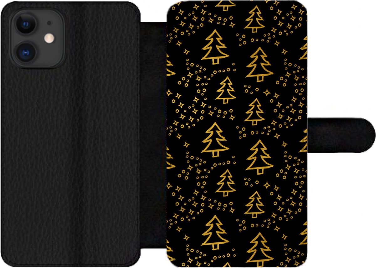 Telefoonhoesje Geschikt voor iPhone 12 Pro Max telefoonhoesje - Kerst - Goud - Zwart - Patroon - Met vakjes - Wallet case met magneetsluiting
