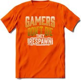 Gamers don't die T-shirt | Geel | Gaming kleding | Grappig game verjaardag cadeau shirt Heren – Dames – Unisex | - Oranje - 3XL