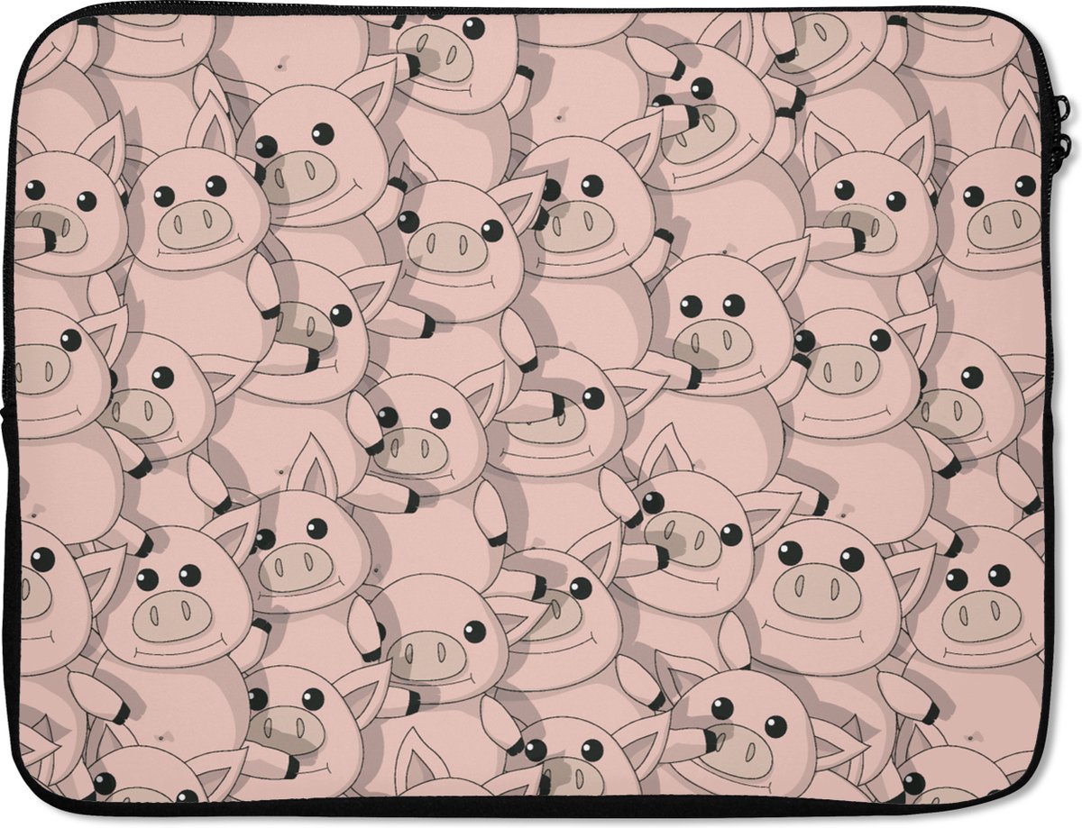 Laptophoes 15.6 inch - Varkens - Dieren - Roze - Patroon - Laptop sleeve - Binnenmaat 37x26 cm - Zwarte achterkant