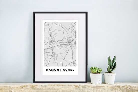 Fotolijst incl. Poster Zwart Wit- België – Hamont Achel – Stadskaart – Kaart – Zwart Wit – Plattegrond - 30x40 cm - Posterlijst