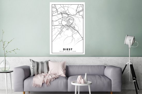 Poster Carte – Plan d'étage – Plan de ville – Diest – België – Zwart Wit - 80x120 cm