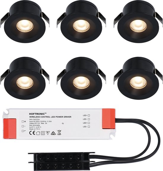 6x Cadiz - Mini spot encastrable LED 12V noir avec transformateur - 3 Watt  - Non