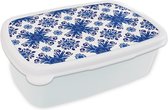 Broodtrommel Wit - Lunchbox - Brooddoos - Tegel - Bloem - Blauw - Patroon - 18x12x6 cm - Volwassenen