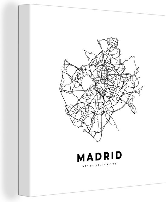 Canvas Schilderij Madrid - Plattegrond - Zwart Wit - Wanddecoratie - Stadskaart