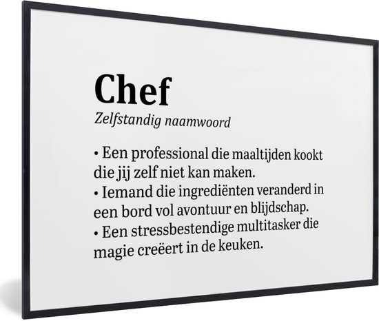 Fotolijst incl. Poster - Definitie - Kok - Chef - Koken - Woordenboek - Keuken - Betekenis - Spreuken - Tekst - 30x20 cm - Posterlijst