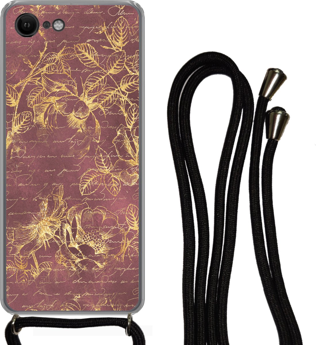Telefoonkoord - Telefoonketting - Telefoonhoesje Geschikt voor iPhone 8 - Bloemen - Bladeren - Gold - Siliconen - Crossbody - Telefoonhoesje met koord Telefoonhoesje