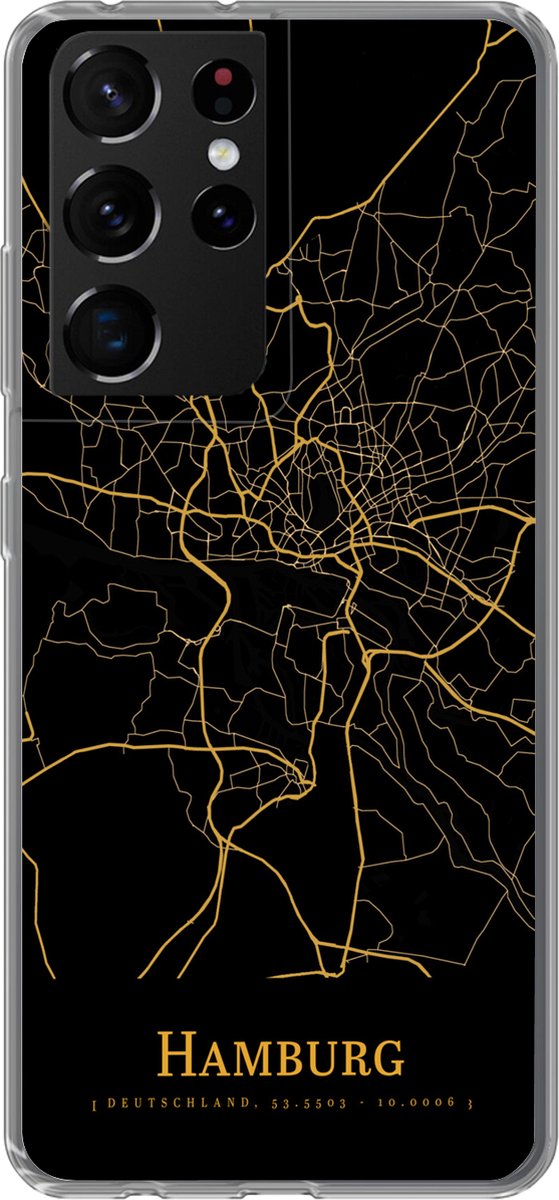 Telefoonhoesje Geschikt voor Samsung Galaxy S21 Ultra hoesje - Hamburg - Kaart - Goud - Siliconen Telefoonhoesje Telefoonhoesje
