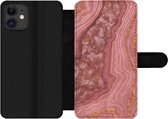 Bookcase Geschikt voor iPhone 12 Pro Max telefoonhoesje - Marmer print - Roze - Goud - Met vakjes - Wallet case met magneetsluiting