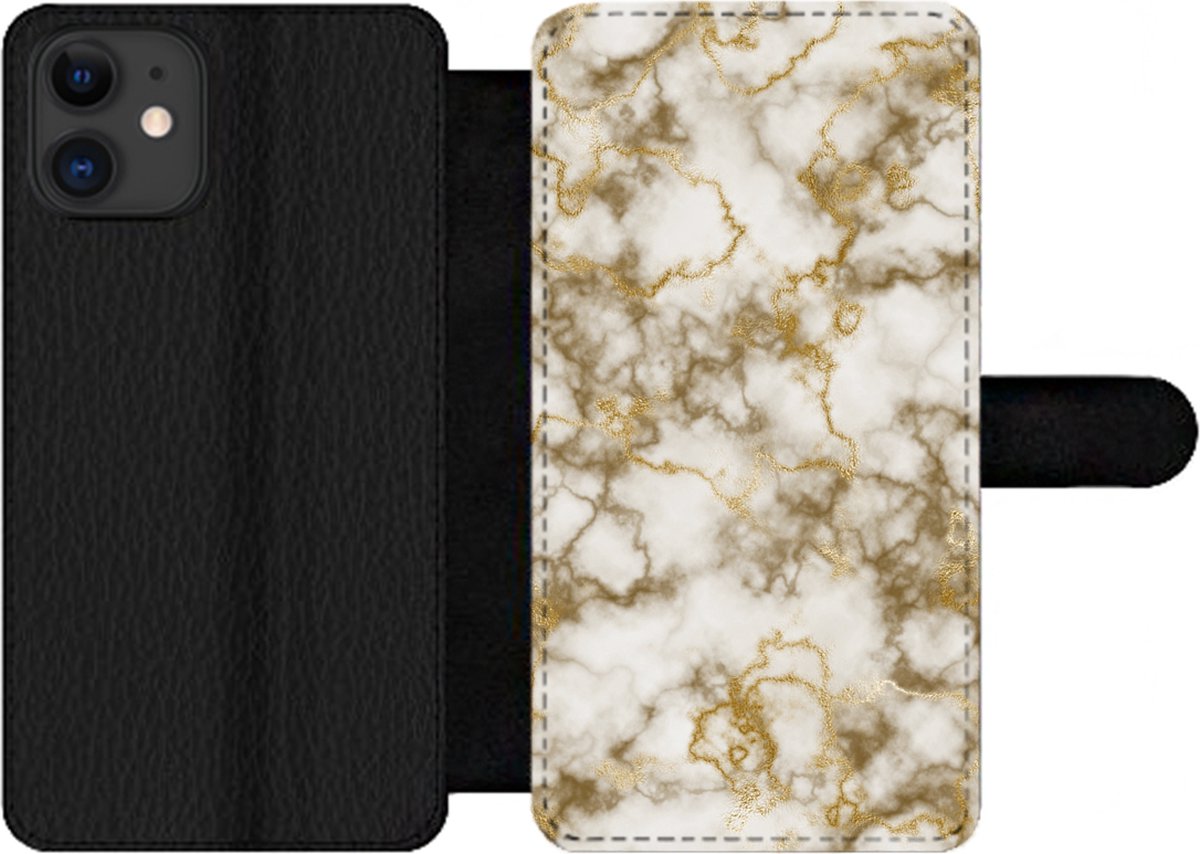 Telefoonhoesje Geschikt voor iPhone 11 telefoonhoesje - Marmer print - Wit - Geel - Met vakjes - Wallet case met magneetsluiting