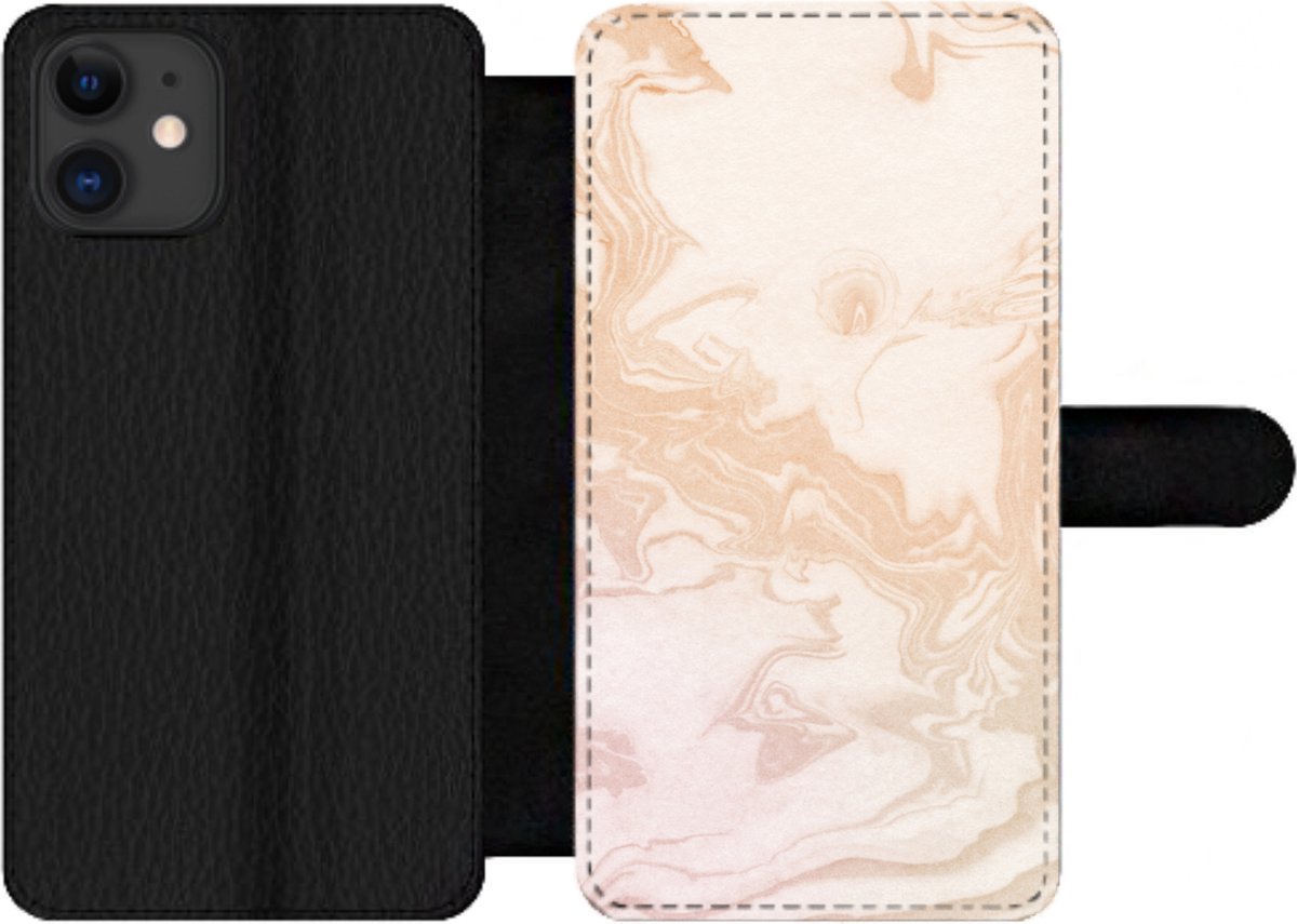 Telefoonhoesje Geschikt voor iPhone 12 Pro telefoonhoesje - Marmer print - Oranje - Wit - Met vakjes - Wallet case met magneetsluiting