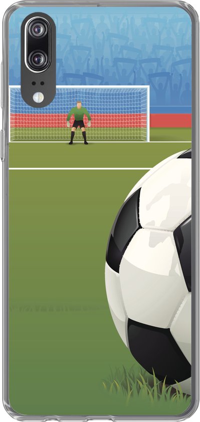 Geschikt voor Huawei P20 hoesje - Een illustratie van een voetbal op het veld in het stadion - Jongens - Meiden - Kids - Siliconen Telefoonhoesje