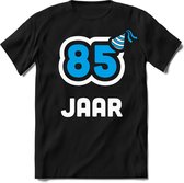 85 Jaar Feest kado T-Shirt Heren / Dames - Perfect Verjaardag Cadeau Shirt - Wit / Blauw - Maat S