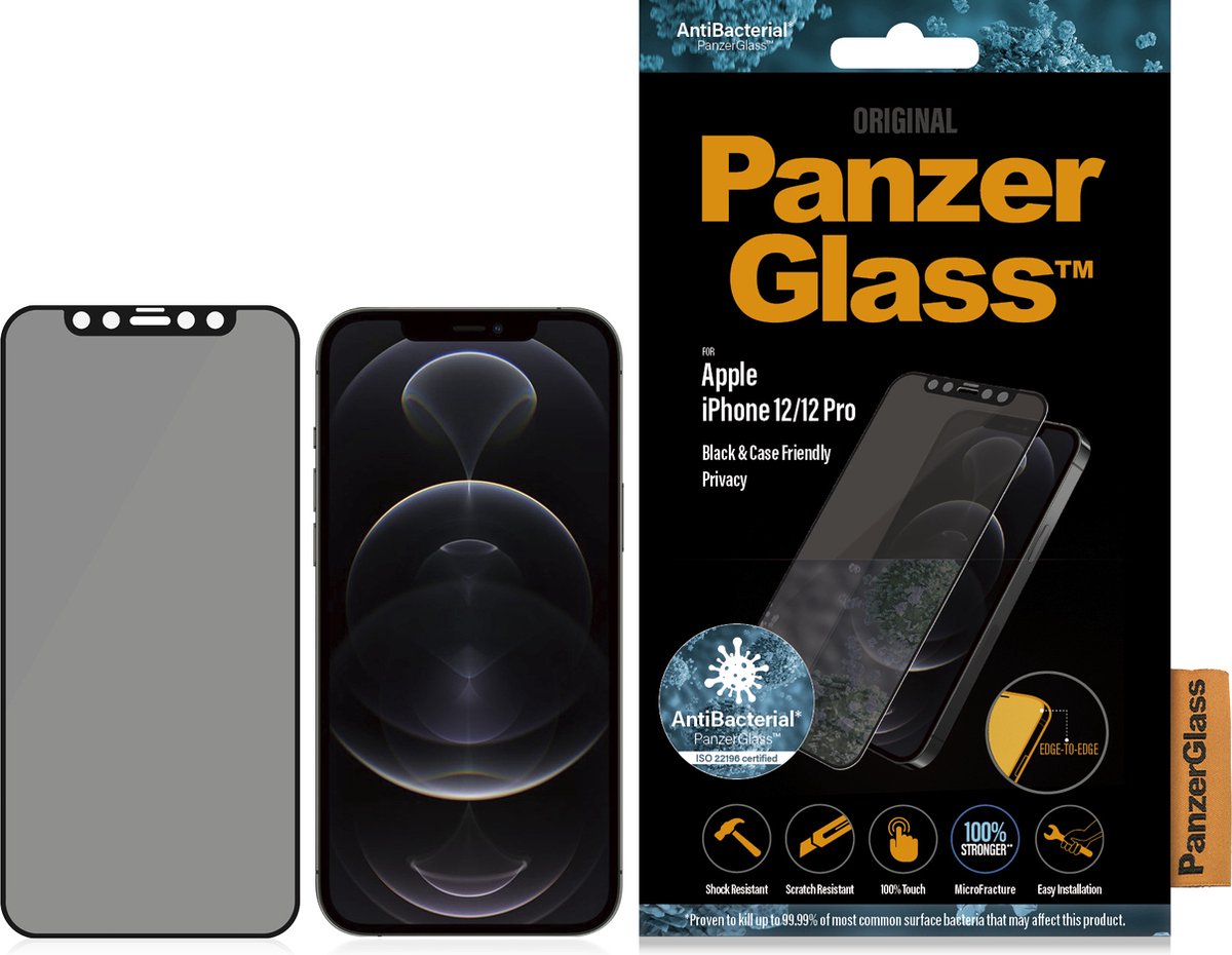 PanzerGlass Screenprotector geschikt voor Apple iPhone 12 Glazen | PanzerGlass Edge to Edge Screenprotector Privacy - Case Friendly - Zwart