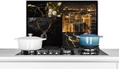 Spatscherm keuken 70x50 cm - Kookplaat achterwand Collage - Meisje met de parel - Bloemen - Goud - Muurbeschermer - Spatwand fornuis - Hoogwaardig aluminium