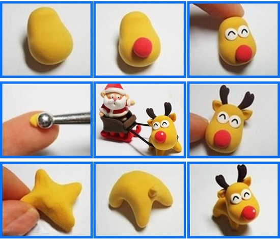Instructies voor het maken van kerstfiguren van klei: kerstman, rendier, gele ster. Bevat kleien vormen.