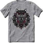 Uil - Dieren Mandala T-Shirt | Rood | Grappig Verjaardag Zentangle Dierenkop Cadeau Shirt | Dames - Heren - Unisex | Wildlife Tshirt Kleding Kado | - Donker Grijs - Gemaleerd - S