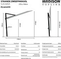 Technische tekening van de Madison Sun Wave zweefparasol, 270x150cm, met zij- en vooraanzicht, inclusief afmetingen.
