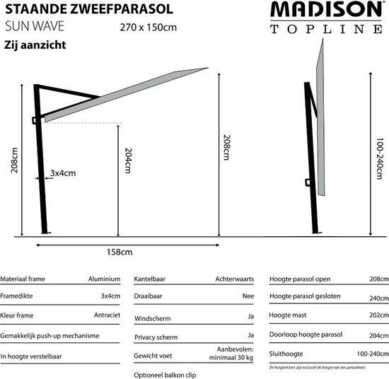 Technische tekening van de Madison Sun Wave zweefparasol, 270x150cm, met zij- en vooraanzicht, inclusief afmetingen.
