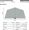 Technische tekening van de Madison Sun Wave parasol, 270x150cm, bovenaanzicht, met specificaties van de stof.