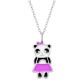 Zilveren ketting meisjes | Zilveren ketting met hanger, panda met roze rokje en strikje