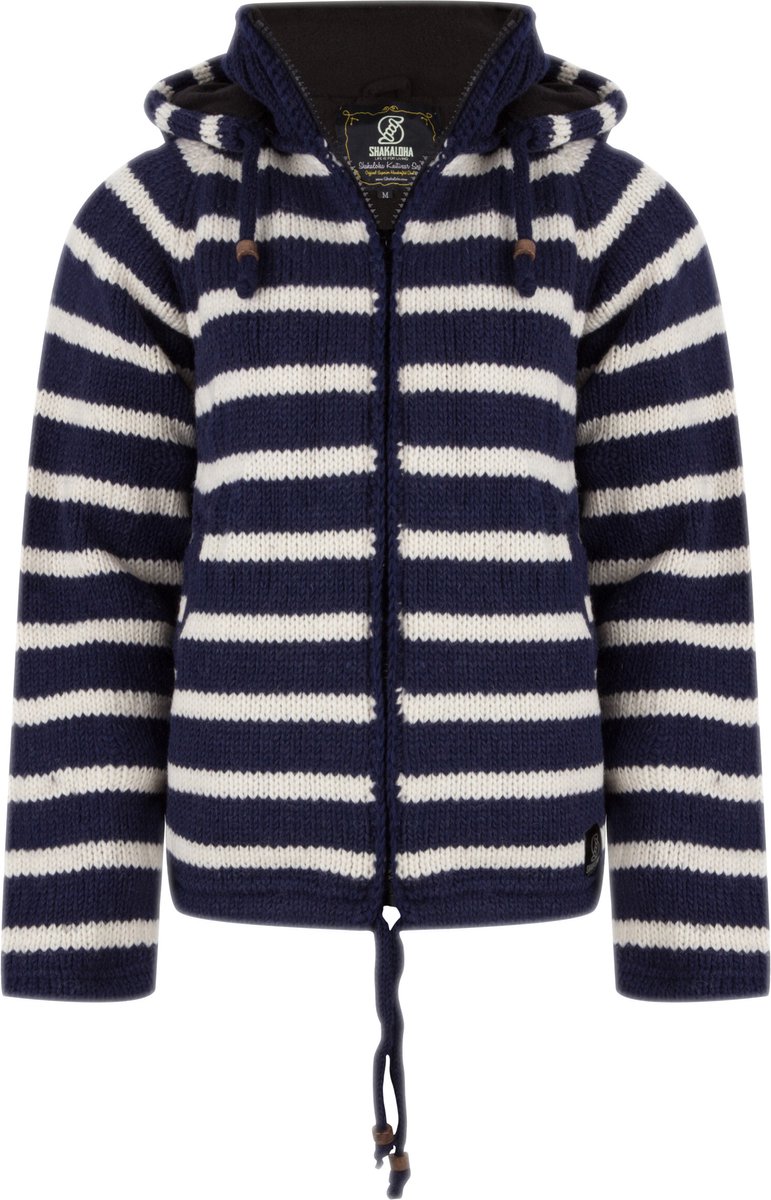 Gebreid Wollen Dames Vest van Schapenwol met Polyester Fleece voering en afneembare capuchon SHAKALOHA W Breton Ziphood Navywhite