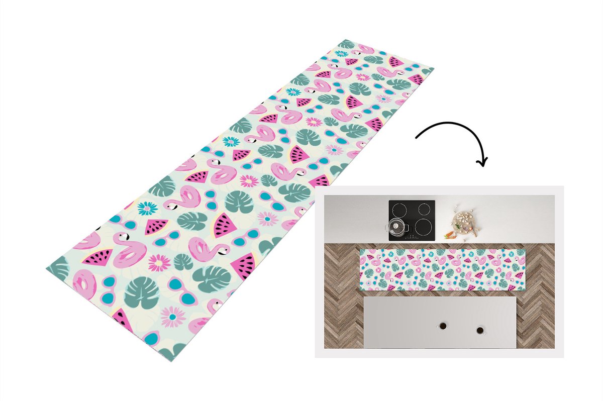 KitchenYeah Keukenloper - Loper keuken - Zomer - Patroon - Flamingo - Monstera - 200x50 cm - Keukenloper vinyl Multicolor